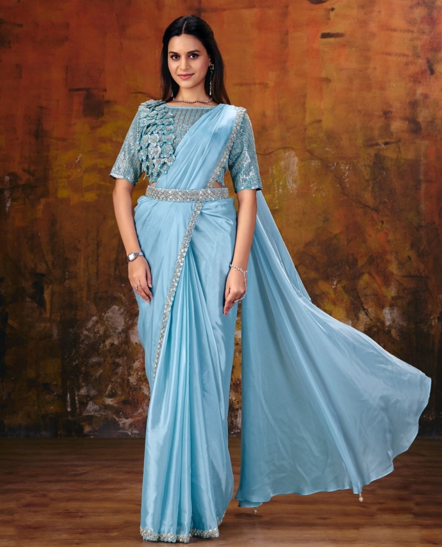 27108 - Firozi Blue Embroidered Wedding Party Designer Saree